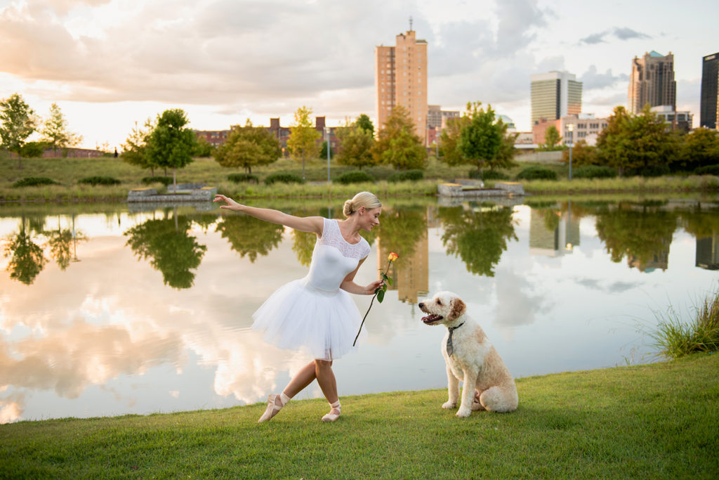 Railroad Park Birmingham City scene Alabama Dancer Dog Pet Session with rose