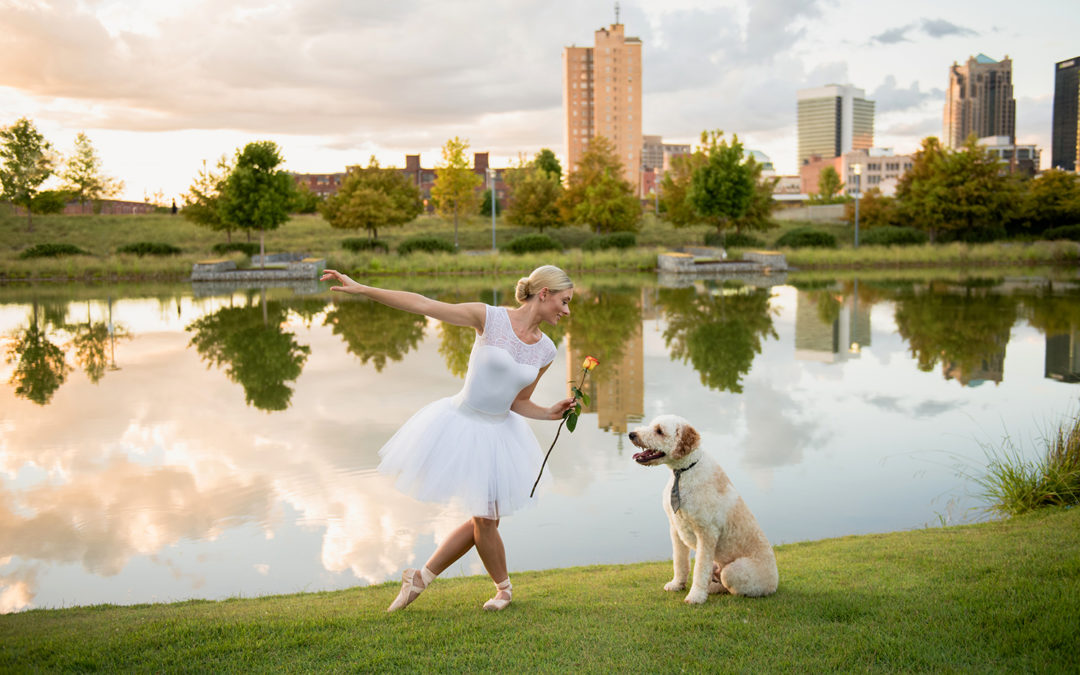 Railroad Park Birmingham City scene Alabama Dancer Dog Pet Session with rose